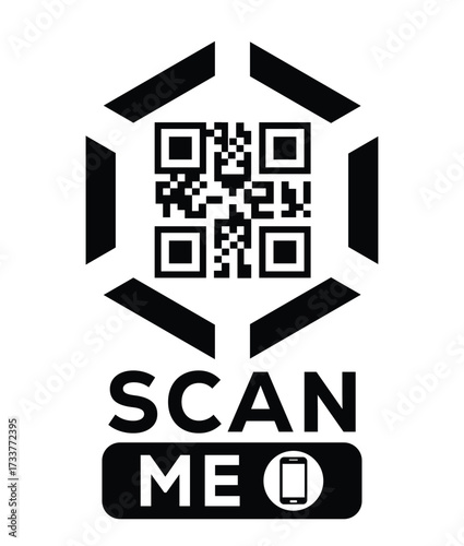 Minimalist black and white QR code label design with "SCAN ME" message, modern style, ideal for marketing, digital menus, business promotions, and mobile-based contactless solutions.	