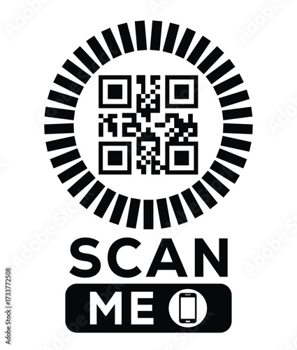 Minimalist black and white QR code label design with "SCAN ME" message, modern style, ideal for marketing, digital menus, business promotions, and mobile-based contactless solutions.	