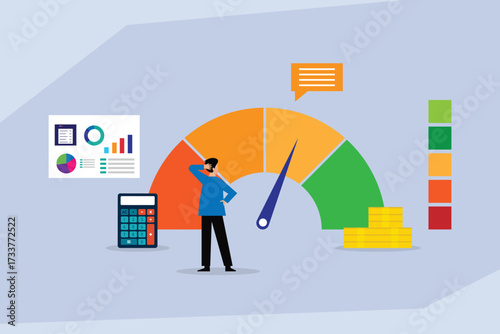 Confused Businessman Analyzing Business Metrics on a Speedometer Gauge, Financial Data Charts, and Calculator for Strategic Decisions 2d flat vector illustration
