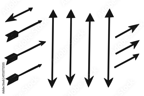 Black Arrows Pointing in Different Directions, Vertical Arrows, Isolated on White Background, Flat Design