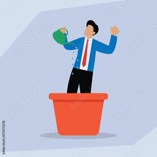 Businessman Watering Himself in a Flower Pot, Concept of Personal Growth and Self-Development 2d flat vector illustration