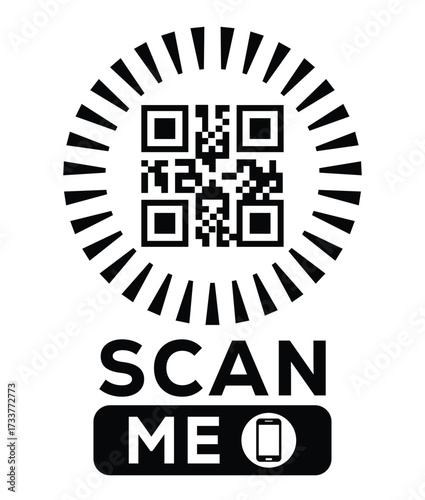 Minimalist black and white QR code label design with "SCAN ME" message, modern style, ideal for marketing, digital menus, business promotions, and mobile-based contactless solutions.	