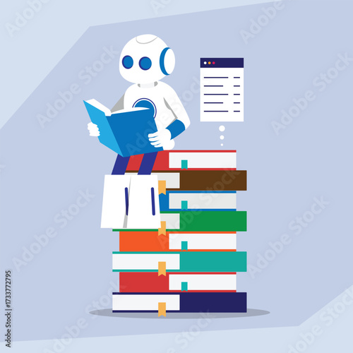 AI Robot Reading Books and Learning Data, Concept of Machine Learning and Knowledge Acquisition 2d flat vector illustration