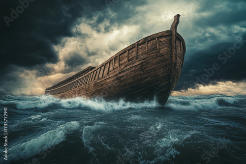 Noah's Ark on the floodwaters, large wooden ship towering above the waves, with dark storm clouds above