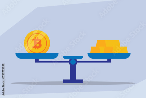 Bitcoin Versus Gold: Cryptocurrency Valuation Compared to Traditional Hard Asset on Scales 2d flat vector illustration
