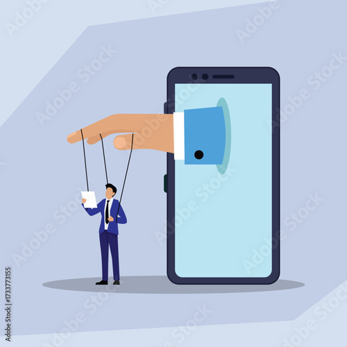 Digital Control and Manipulation: Hand from Smartphone Operating Businessman as a Puppet 2d flat vector illustration