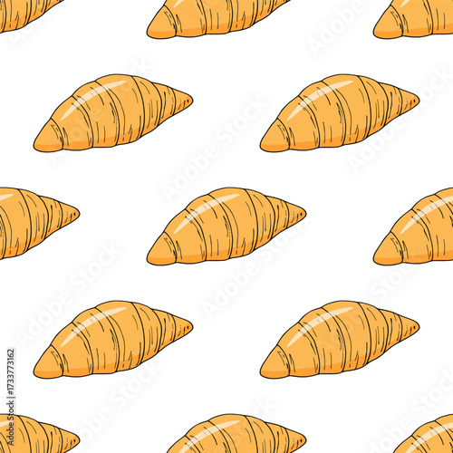 Croissants, seamless pattern, vector illustration. Doodle style. Sweet pastries to go with coffee.