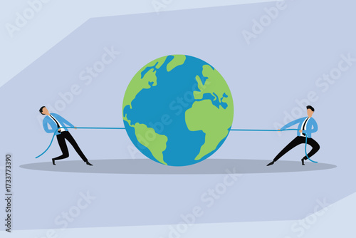 Global Competition and Geopolitical Struggle: Two Businessmen Playing Tug of War with the Earth 2d flat vector illustration
