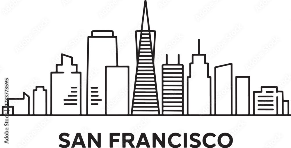 Obraz premium San Francisco Skyline Outline Silhouette Illustration in California USA Travel Landmark Icon