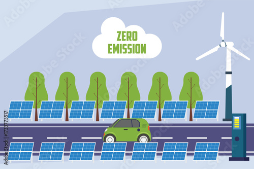 Zero Emission Transportation and Green Energy Ecosystem with Electric Car, Solar Panels, and Wind Turbine 2d flat vector illustration