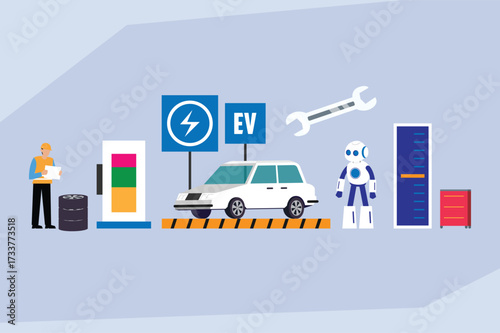 Electric Vehicle (EV) Charging and Maintenance Station with Technician and AI Robot 2d flat vector illustration