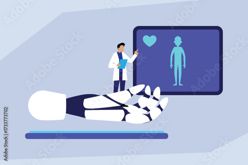 AI-Assisted Healthcare and Robotics: Doctor Interacting with Humanoid Health Data Display 2d flat vector illustration