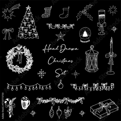 Black and white Christmas doodle collection with hand sketched winter icons for greeting cards, posters, wrapping paper and seasonal decor
