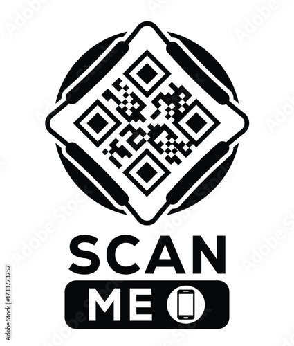 Minimalist black and white QR code label design with "SCAN ME" message, modern style, ideal for marketing, digital menus, business promotions, and mobile-based contactless solutions.	