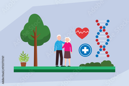 Healthy Aging and Longevity Concept with Senior Couple, Nature, DNA, and Medical Symbols 2d flat vector illustration