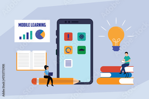 Mobile Learning and E-Learning Concept with Students, Smartphone, and Idea Lightbulb 2d flat vector illustration