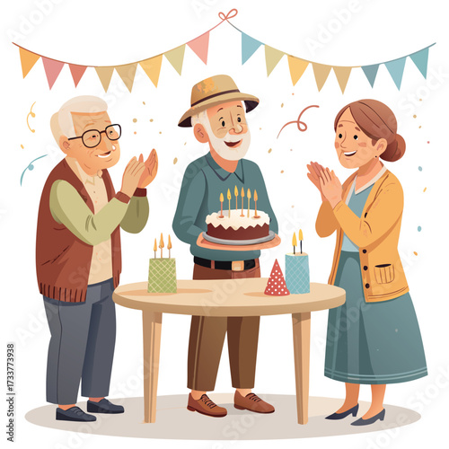 Vector art of joyful senior people celebrating birthday party with cake, enjoying festive moment and friendship