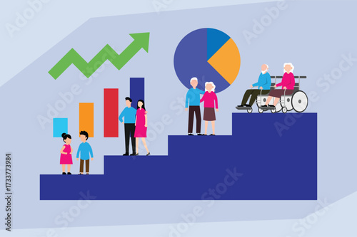 Demographic Shift and Population Aging with Different Generations on a Financial Growth Chart 2d flat vector illustration