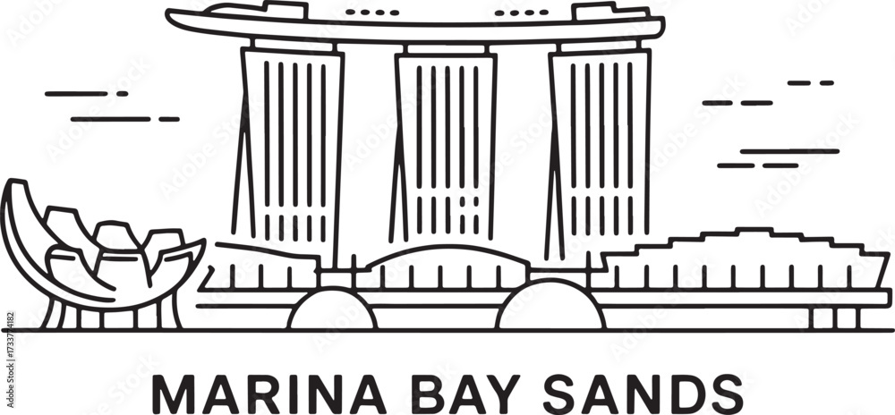Obraz premium Marina Bay Sands Building Line Art Black Contour Singapore Landmark City Architecture