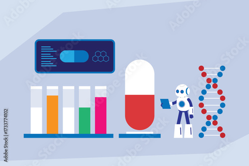 AI and Robotics in Drug Discovery, Pharmaceutical Research, and Personalized Medicine 2d flat vector illustration