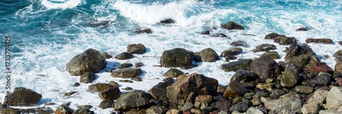 Panoramic image. Waves on the rocky coast
