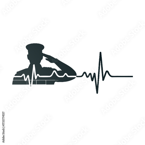 Military salute silhouette, heartbeat waveform element, respect and honor theme, remembrance graphic, patriotic minimalist design, vector illustration
