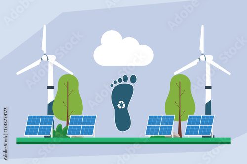 Reducing Carbon Footprint with Renewable Green Energy: Solar Panels and Wind Turbines 2d flat vector illustration