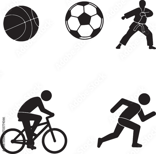 Black silhouette of a basketball soccer ball martial artist cyclist and runner.