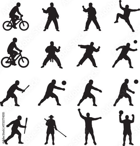 Collection of Black Silhouette Figures in Various Sports and Martial Arts Poses.