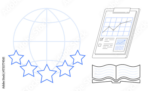 Globe encircled by stars, clipboard with analytics data, and open book highlighting success, research, learning. Ideal for global standards, analytics, education, quality strategy success