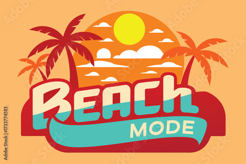 Cartoon Beach Mode with Palm Trees, Sunset, Clouds, and Yellow Sun Graphic