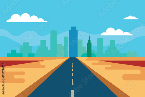 Cartoon Cityscape with Desert Road, Skyline, and Clouds Background