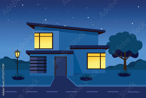 Luxury home at night. Residential. Real estate. Minimalist house. City house.
