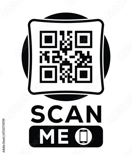 Minimalist black and white QR code label design with "SCAN ME" message, modern style, ideal for marketing, digital menus, business promotions, and mobile-based contactless solutions.	