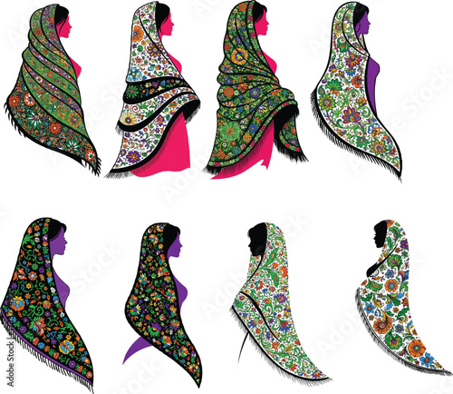 Floral patterned shawls on female silhouettes woman