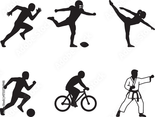 Diverse Sports Silhouettes Running Football Martial Arts Cycling Soccer.