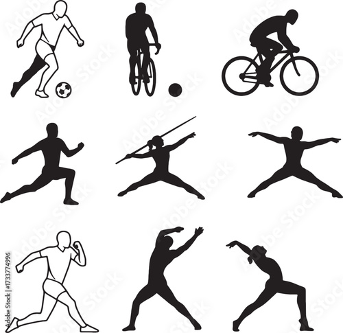 Diverse Sports Silhouettes Soccer Cycling Running Javelin Stretching and More.