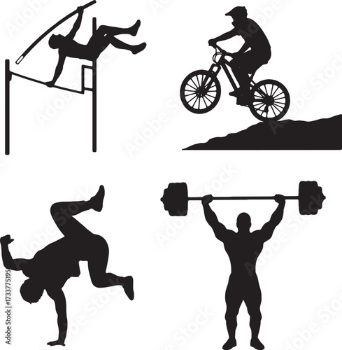 Four Black Silhouettes Pole Vault Mountain Bike Breakdance Weightlifting.