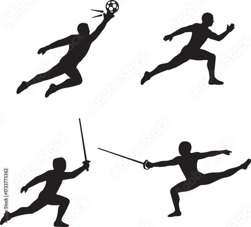 Four Silhouetted Athletes Goalkeeper Runner and Two Fencers in Action.