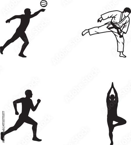 Four Black Silhouettes Volleyball Player Karate Runner and Yoga Pose.