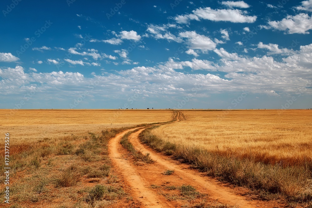 Fototapeta premium Dirt road winding through golden dry field under bright blue sky