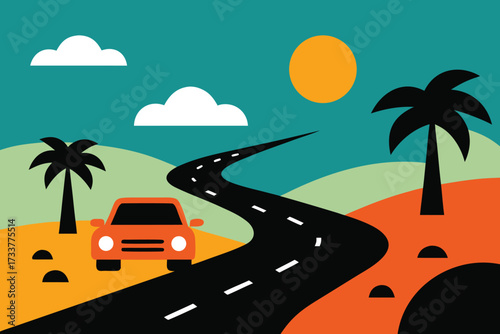 Cartoon Road Trip Orange Car on Winding Asphalt Road with Palm Trees and Clouds