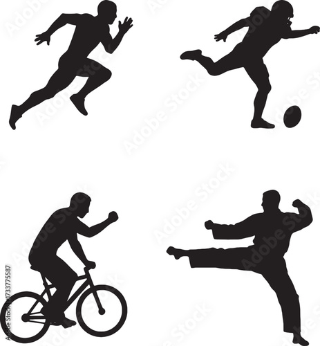 Sports Silhouettes Runner Football Player Cyclist Martial Artist in Action.