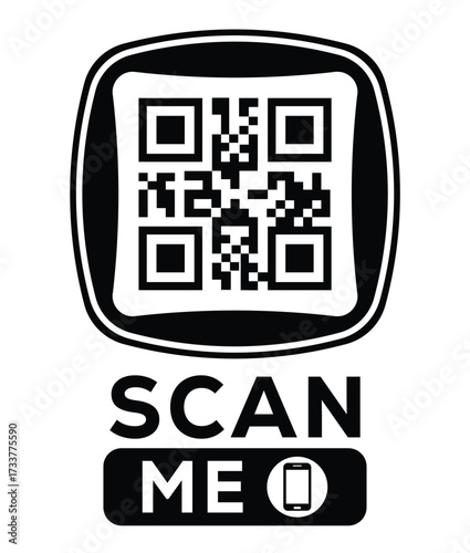Minimalist black and white QR code label design with "SCAN ME" message, modern style, ideal for marketing, digital menus, business promotions, and mobile-based contactless solutions.	