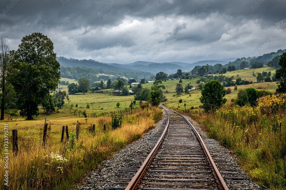 Fototapeta premium Railway track leading through countryside landscape under cloudy sky