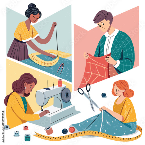 Vector art of creative scene of diverse tailors and seamstresses engaged in sewing, measuring, and designing clothes, highlighting the art of dressmaking