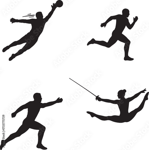 Silhouetted Athletes Goalkeeper Runner Handball Player and Fencer in Action.