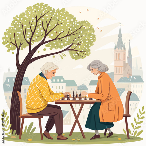 Vector art of elderly couple playing chess in a park, enjoying a peaceful moment together with a scenic view of a european city in the background