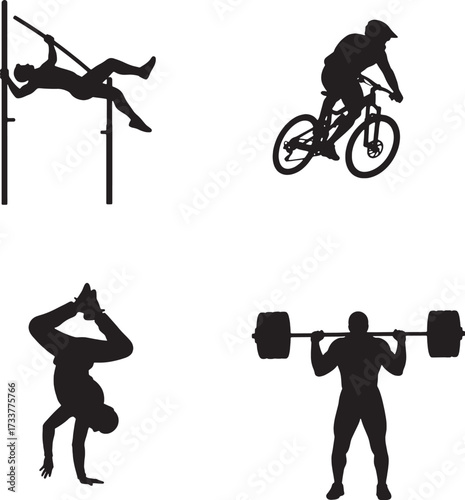 Four Sport Silhouettes Pole Vault Mountain Bike Gymnastics Weightlifting.