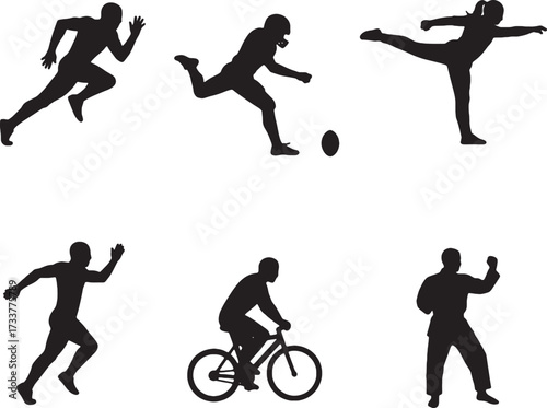 Silhouetted Athletes Running Football Yoga Cycling Boxing Diverse Sports Poses.